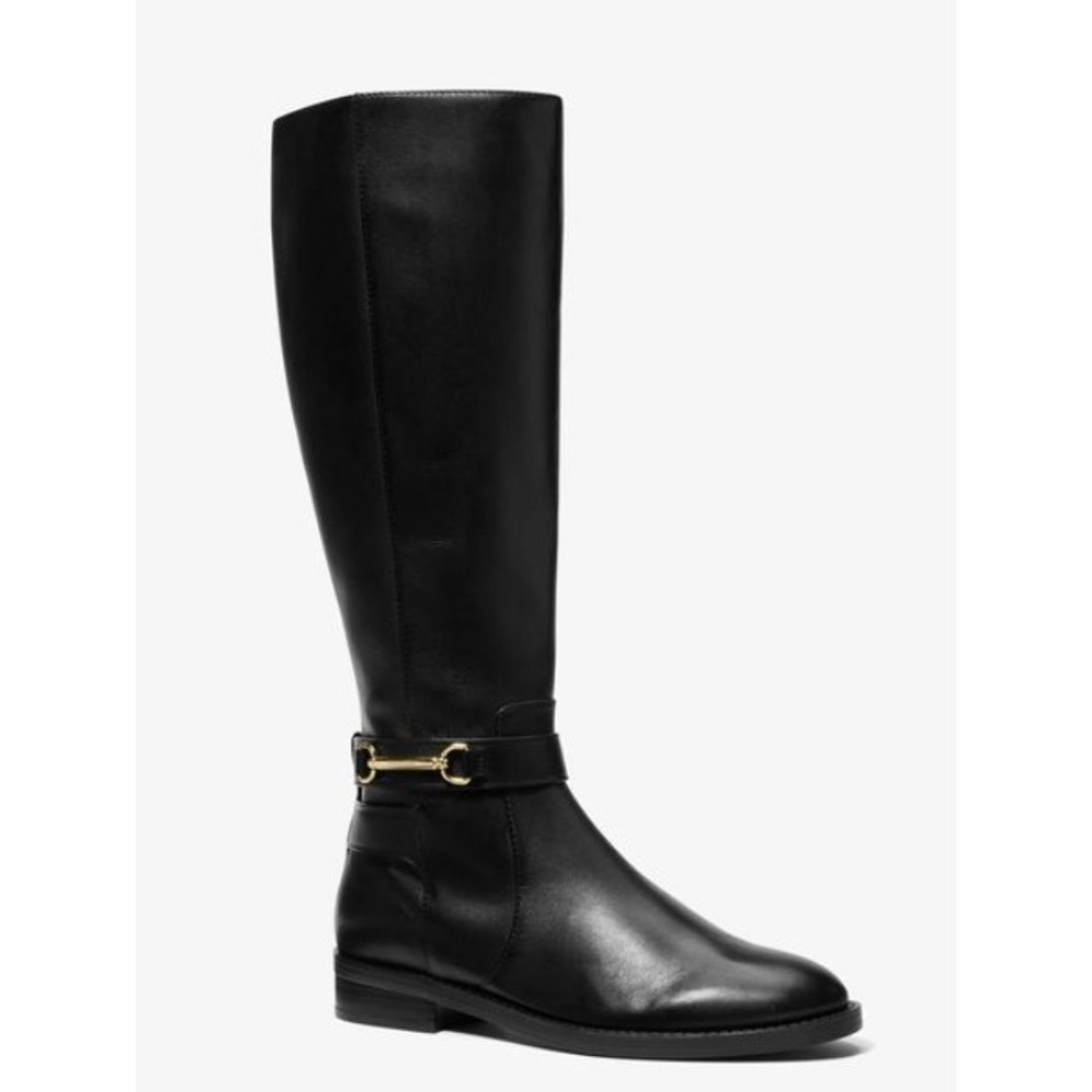 Michael Kors Women Black Carson Tall Flat Riding Boots Gold Bit Faux Leather 9M
